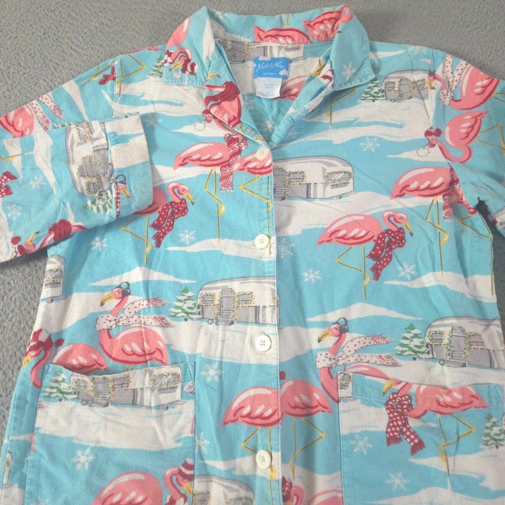 Nick & Nora Top Womens XL Blue Flamingo Trailer Pajama Flannel Button Up Holiday